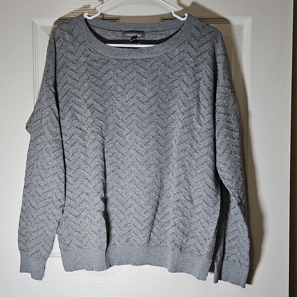 Tinley Road Crew Neck Sweater Grey Cotton Gold Metallic Knit Sparkle Size L
